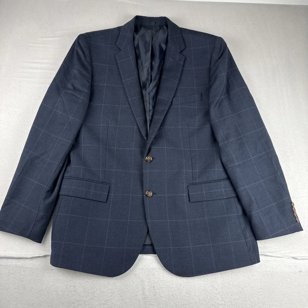 J Crew Thompson Mens Navy Windowpane Sport Coat 44R Wool Blend office business